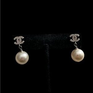 CHANEL Silver Crystal CC Pearl Drop Earrings